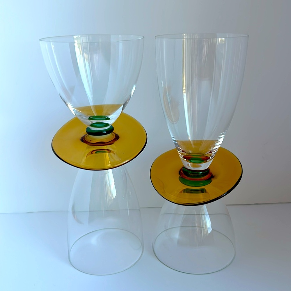 RARE Czech Art Glass Double Sided Cocktail / Wine Glass PAIR Sculptural Modern